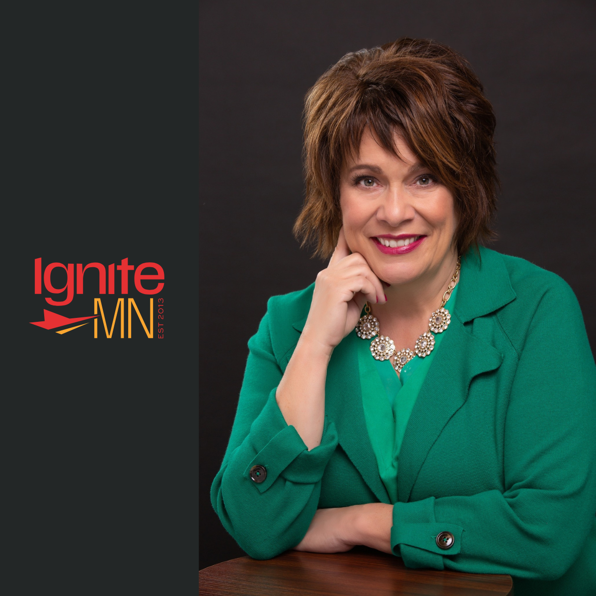 a headshot of Stacy Nimmo with the IgniteMN logo on the left of the photo