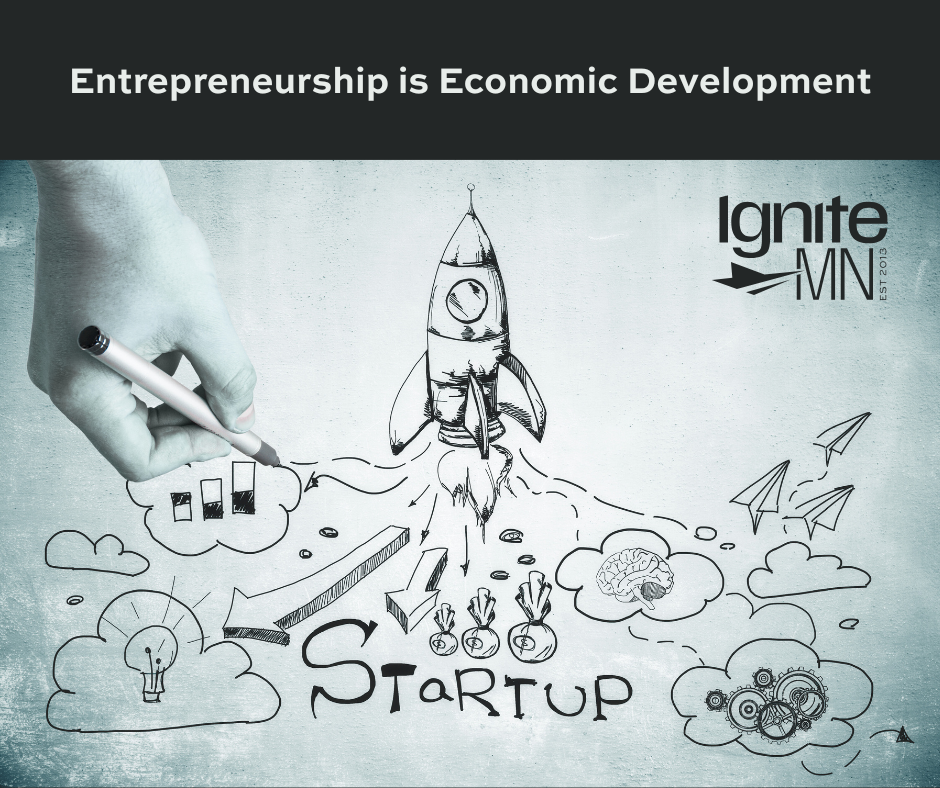 Entrepreneurship is Economic Development with a drawing of a rocket ship taking off that says "startup" underneath it